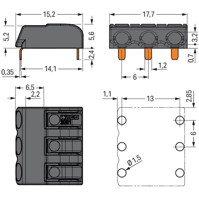 WAGO - Ein- und mehrpolige Klemmenleiste THR-Leiterplattenklemme 2061-1623/998-404 Drücker,1,5mm²,sw − 2880 Stück