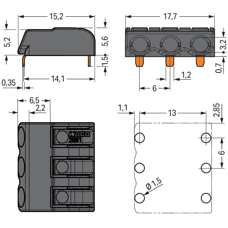 WAGO - Ein- und mehrpolige Klemmenleiste THR-Leiterplattenklemme 2061-1663/998-404 Drücker,1,5mm²,sw − 2880 Stück