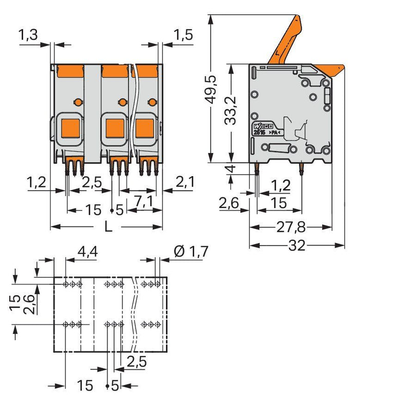 WAGO - Leiterplattenklemme Hebel 2616-1354 16mm²,grau − 28 Stück
