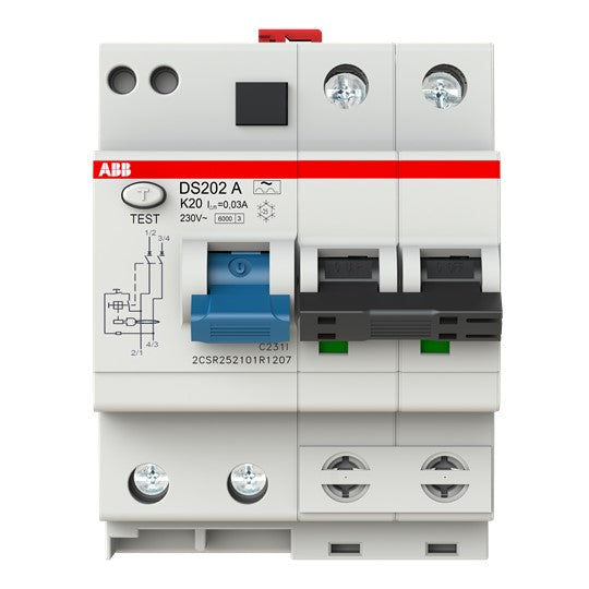 ABB Stotz S&J - Verteilerbaugruppe mit Kombi. FI-Schalter/Leitungsschutzsch. FI/LS-Kombination DS202A-K20/0,03 20A,30mA,2p,kA6