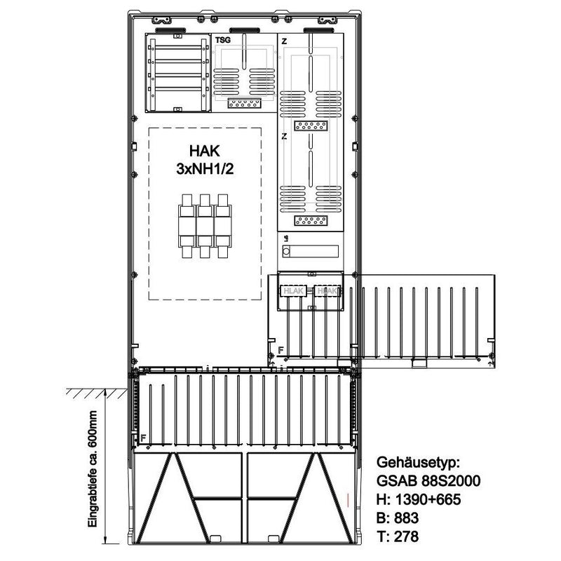 GSAB Elektrotechnik - Zähler-Komplettschrank Zähleranschlusssäule 42.88.1P2-HAK2 2Z/TSG