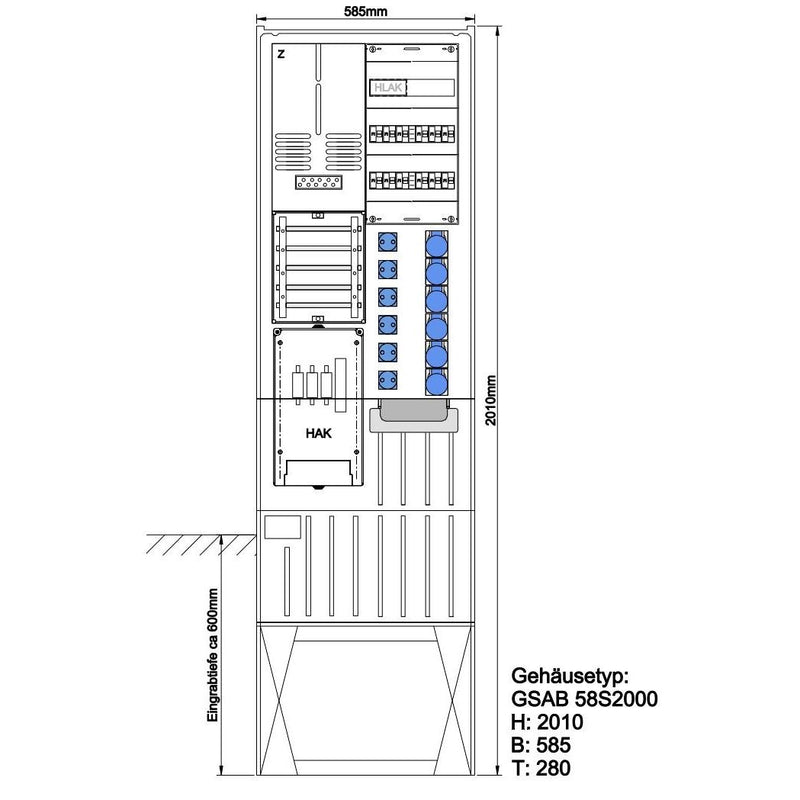 GSAB Elektrotechnik - Zähler-Komplettschrank Festplatzsäule 08.1P11FP6S6C mit 6xCE, 6xSchutzk