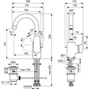 Ideal Standard - WT-Armatur CERAFLEX, mit hohem Ausl. mit Ablgarn., Ausld. 146mm, Chrom