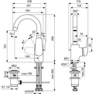 Ideal Standard - WT-Armatur CERAFLEX, mit hohem Ausl. mit Ablgarn., Ausld. 146mm, Chrom