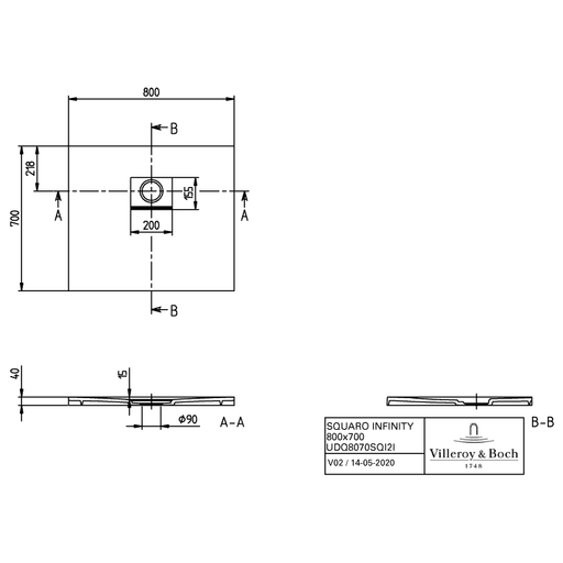 VILLEROY & BOCH - Duschwanne Squaro Infinity 800x700x40mm re-eckig Stone White