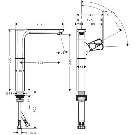 Hansgrohe - Waschtischmischer 280 AXOR Urquiola chrom für Waschschüssel ohne Halter