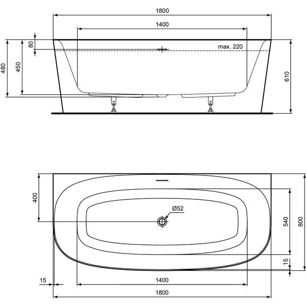 Ideal Standard - Duo-Badewanne DEA, f.Wandanbindung, m.Ablauf,1800x800x475/610mm,Schwarz Matt