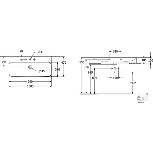 VILLEROY & BOCH - WT Finion 1000x470mm re-eckig 1HL. o. ÜL. geschliffen Stone White cplus