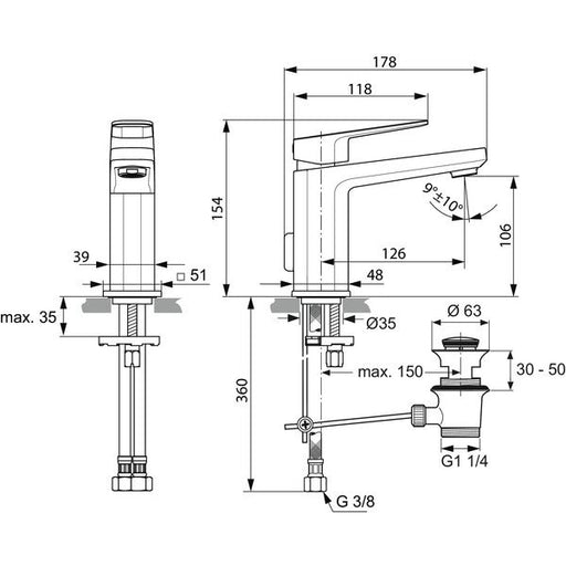 Ideal Standard - Waschtischarmatur TONIC II, 5 l/min., m.Ablgarn., Ausld. 126mm, Chrom
