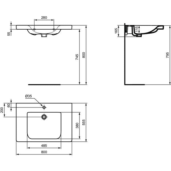 Ideal Standard - Waschtisch CONNECT FREEDOM,1Hl.,o.Ül. ,unterfahrbar, 800x555x165mm, Weiß