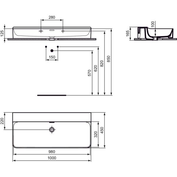 Ideal Standard - Waschtisch CONCA, o.Hl., m.Ül., 1000x450x165mm, geschliffen, Weiß m.IP
