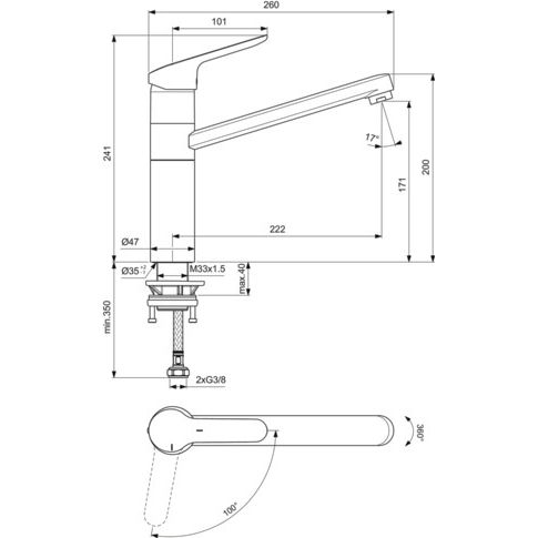 Ideal Standard - Küchenarmatur CERAFLEX mit hohem Rohrausl., Ausld.222 mm, chrom