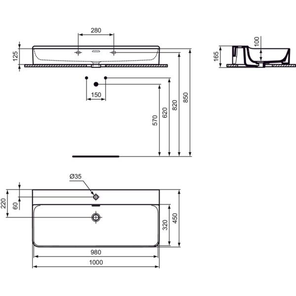 Ideal Standard - Waschtisch CONCA, 1 Hl., m.Ül., 1000x450x165mm, Weiß mit IdealPlus
