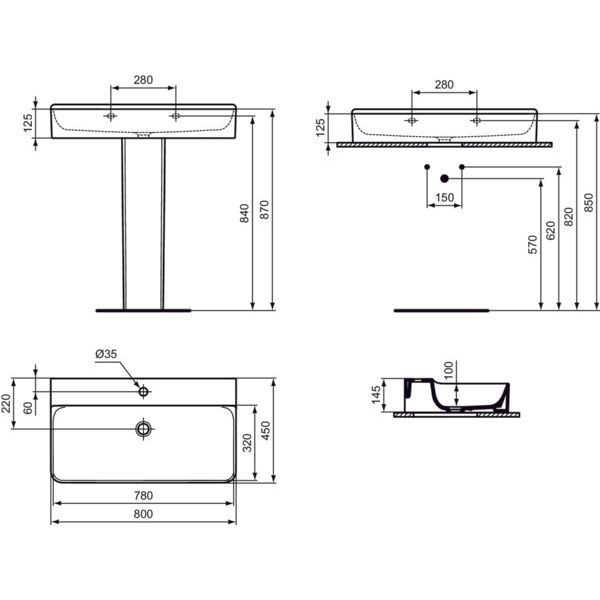 Ideal Standard - Waschtisch CONCA, 1 Hl., o.Ül., 800x450x145mm, Weiß