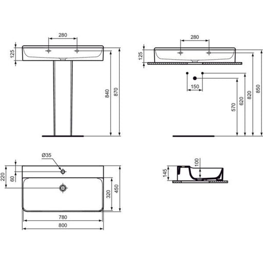 Ideal Standard - Waschtisch CONCA, 1 Hl., o.Ül., 800x450x145mm, Weiß