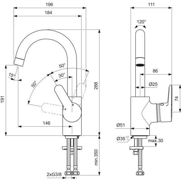 Ideal Standard - Waschtisch EHM CONNECT BLUE B9933 mit hohem Auslauf chrom