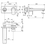 Ideal Standard - Wand-Waschtischarmatur UP EDGE, Bausatz 2, 5 l/min., Ausld. 191mm, Chrom