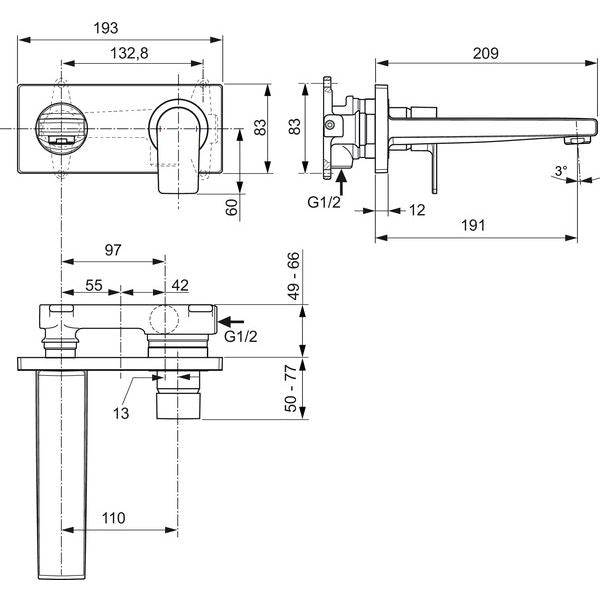 Ideal Standard - Wand-Waschtischarmatur UP EDGE, Bausatz 2, 5 l/min., Ausld. 191mm, Chrom