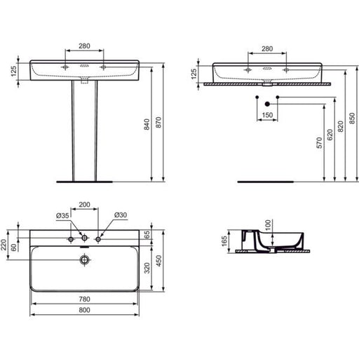 Ideal Standard - Waschtisch CONCA, 3 Hl., m.Ül., 800x450x165mm, Weiß