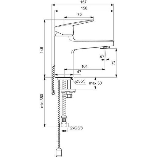 Ideal Standard - WT-Armatur CERAPLAN H75 mit Kette o.Ablaufgarn. Ausld.103mm Chrom