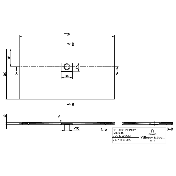 VILLEROY & BOCH - Duschwanne Squaro Infinity 1700x900x40mm re-eckig Grey