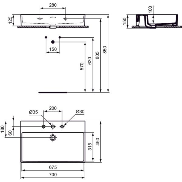Ideal Standard - Waschtisch EXTRA, 3 Hl., m.Ül., 700x450x150mm, Weiß