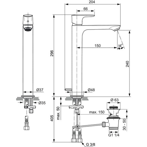 Ideal Standard - WT-Armatur CONNECT AIR, m.verl.Sockel 5 l/min., m.Ablgarn., Ausld.150mm, Chrom
