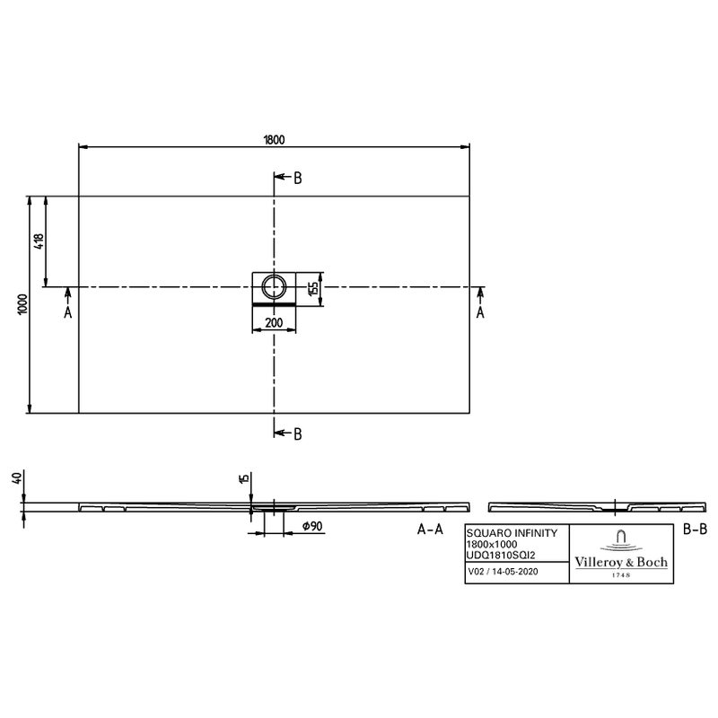 VILLEROY & BOCH - Duschwanne Squaro Infinity M 1800x1000x40mm re-eckig Grey