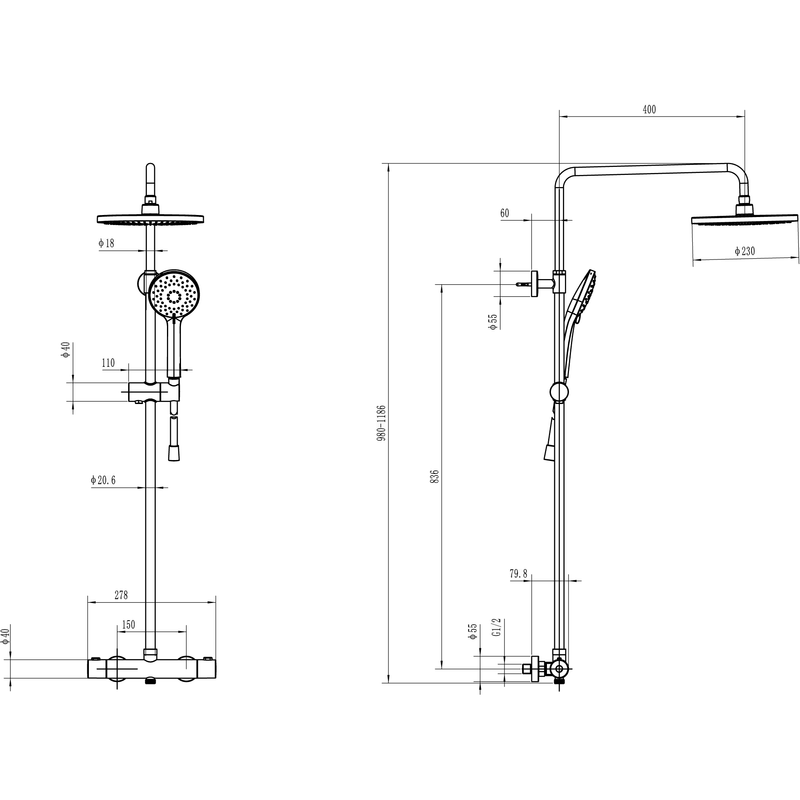 VILLEROY & BOCH - Duschsystem 3StraklaUniversal Showers 278x1096x576mm Wmont.Chrom