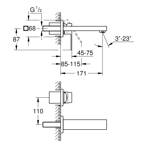 Grohe - 2-Loch-WT-Wandbatt. EUROCUBE 19895 FMS Ausladung 171mm hard graphite geb