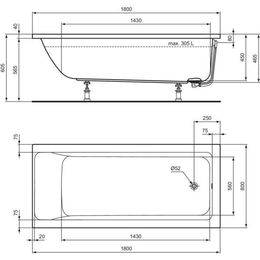 Ideal Standard - Körperform-Badewanne CONNECT AIR, 1800x800x475mm, Weiß
