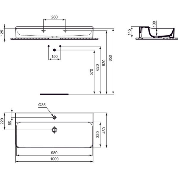 Ideal Standard - Waschtisch CONCA, 1 Hl., o.Ül., 1000x450x145mm, geschliffen, Weiß