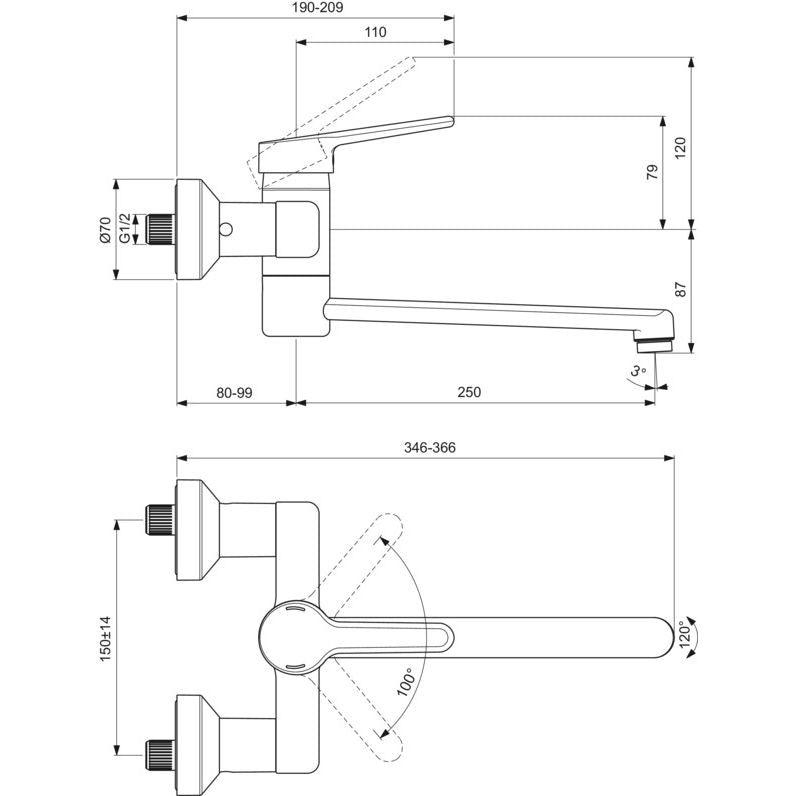 Ideal Standard - Wand-WT-Armatur CERAPLUS 2,5l/min. Ausld.330-349mm,absp.S-Anschlüsse, Chrom