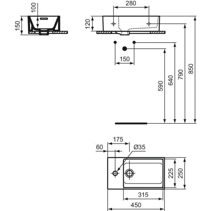 Ideal Standard - Handwaschbecken EXTRA, 1 Hl., m.Ül., Ablg.li.,450x250x150mm,geschliffen, Weiß