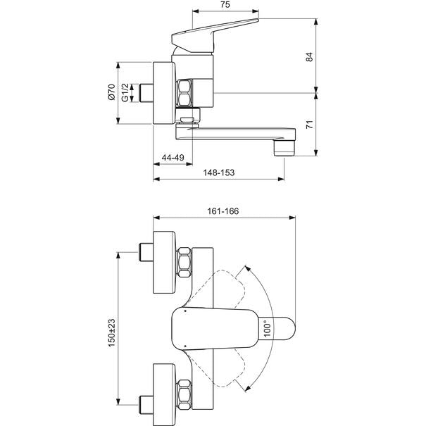 Ideal Standard - Wand-Waschtischarmatur CERAPLAN Ausld.148-153mm Chrom
