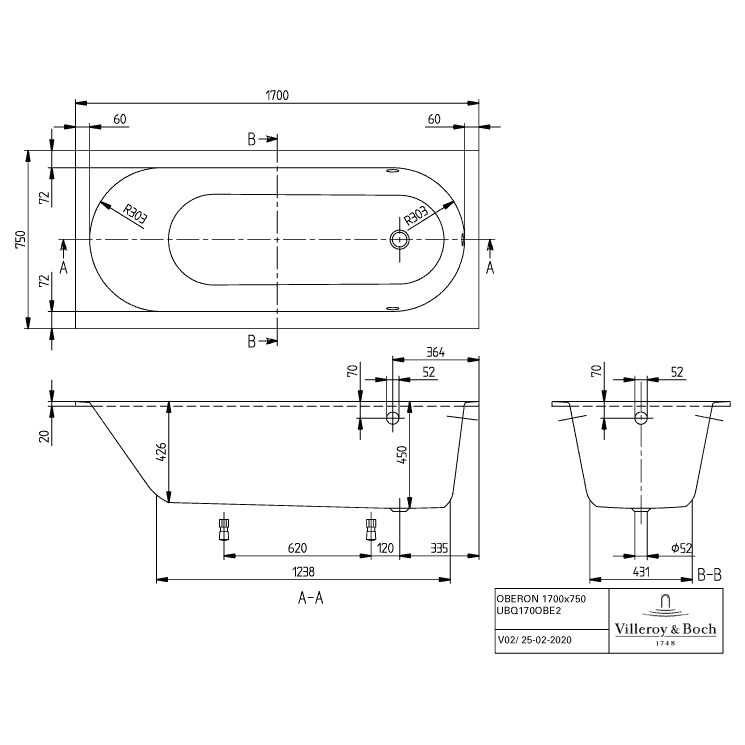 VILLEROY & BOCH - Badewanne Oberon 1700x750x475mm re-eckig m. System CC TP2 Weiß Alpin