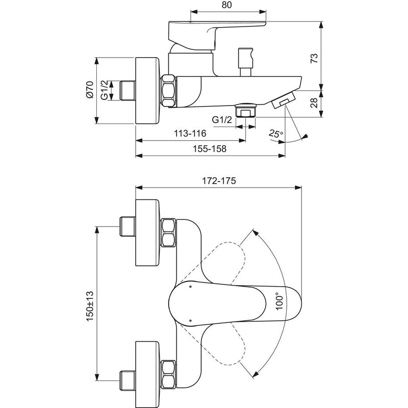 Ideal Standard - Badearmatur AP CERAFINE O, Ausld. 153-158mm, Chrom