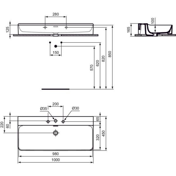 Ideal Standard - Waschtisch CONCA, 3 Hl., m.Ül., 1000x450x165mm, geschliffen, Weiß