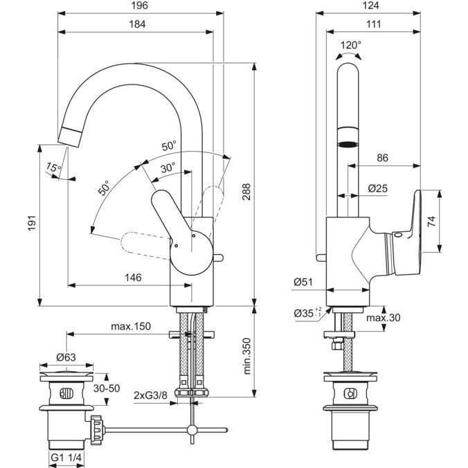 Ideal Standard - Waschtisch EHM CONNECT BLUE B0112 mit hohem Auslauf chrom