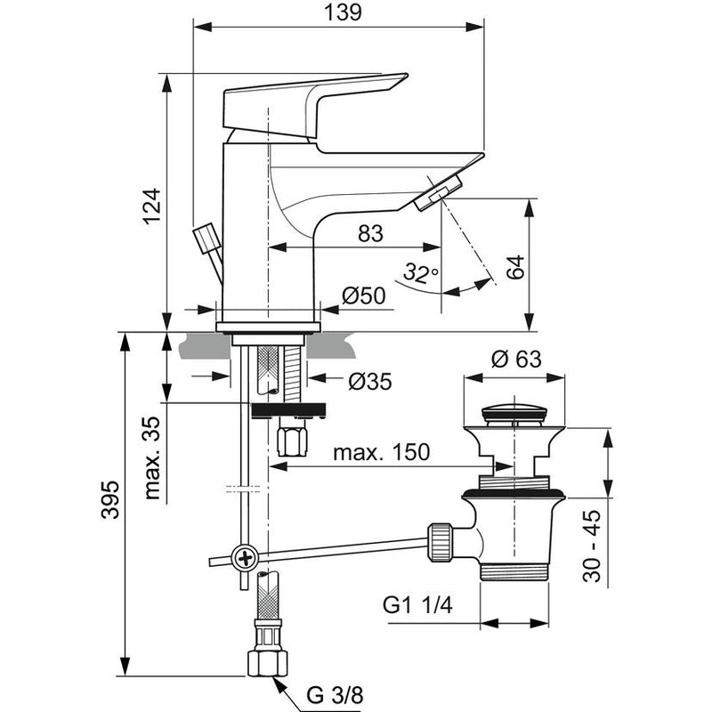 Ideal Standard - Waschtischarmatur TESI, Piccolo, 5 l/min., m.Ablgarn., Ausld. 83mm, Chrom