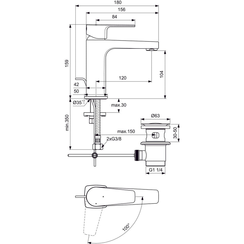 Ideal Standard - Waschtischarmatur CERAFINE D, H105, BlueStart, m.Ablgarn., Ausld.120mm,Chrom