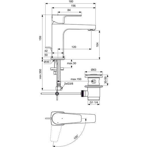 Ideal Standard - Waschtischarmatur CERAFINE D, H105, BlueStart, m.Ablgarn., Ausld.120mm,Chrom