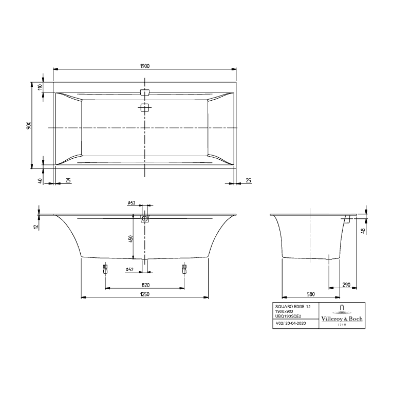 VILLEROY & BOCH - BW Squaro Edge 12 1900x800x496mm re-eckig m. Sys CE TP2 Zul. Weiß Alpin