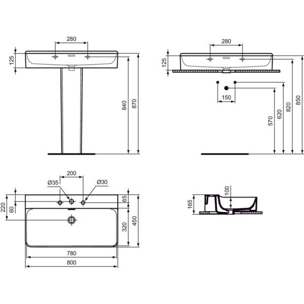 Ideal Standard - Waschtisch CONCA, 3 Hl., m.Ül., 800x450x165mm, geschliffen, Weiß