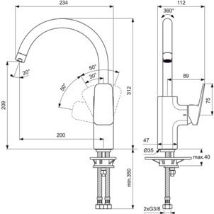 Ideal Standard - Küchenarmatur CERAPLAN Ausld.200mm m.h.Rohrauslauf Chrom