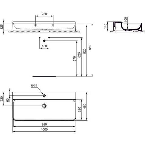 Ideal Standard - Waschtisch CONCA, 1 Hl., o.Ül., 1000x450x145mm, Weiß