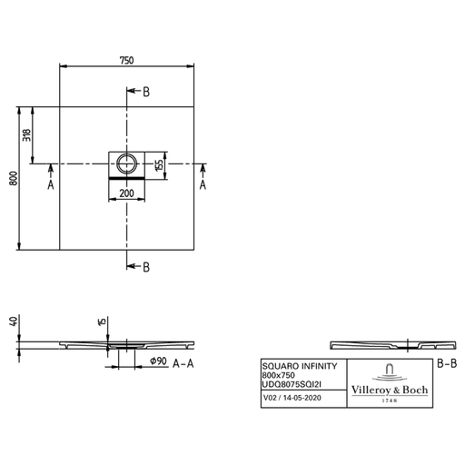 VILLEROY & BOCH - Duschwanne Squaro Infinity 800x750x40mm re-eckig Stone White