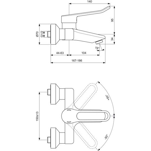 Ideal Standard - Wand-WT-Armatur CERAPLUS 2, 5l/min. m.Bügelgriff, Ausld. 148-167mm, Chrom