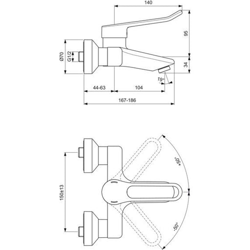 Ideal Standard - Wand-WT-Armatur CERAPLUS 2, 5l/min. m.Bügelgriff, Ausld. 148-167mm, Chrom