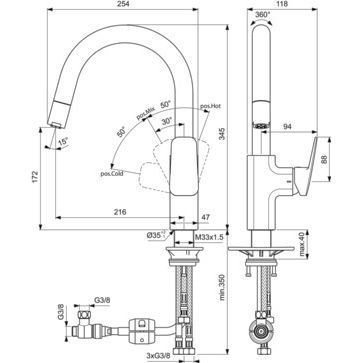 Ideal Standard - Küchenarmatur CERAPLAN Ausld.216mm m.h.Rohrauslauf 1F-HB Niederdruck Chrom